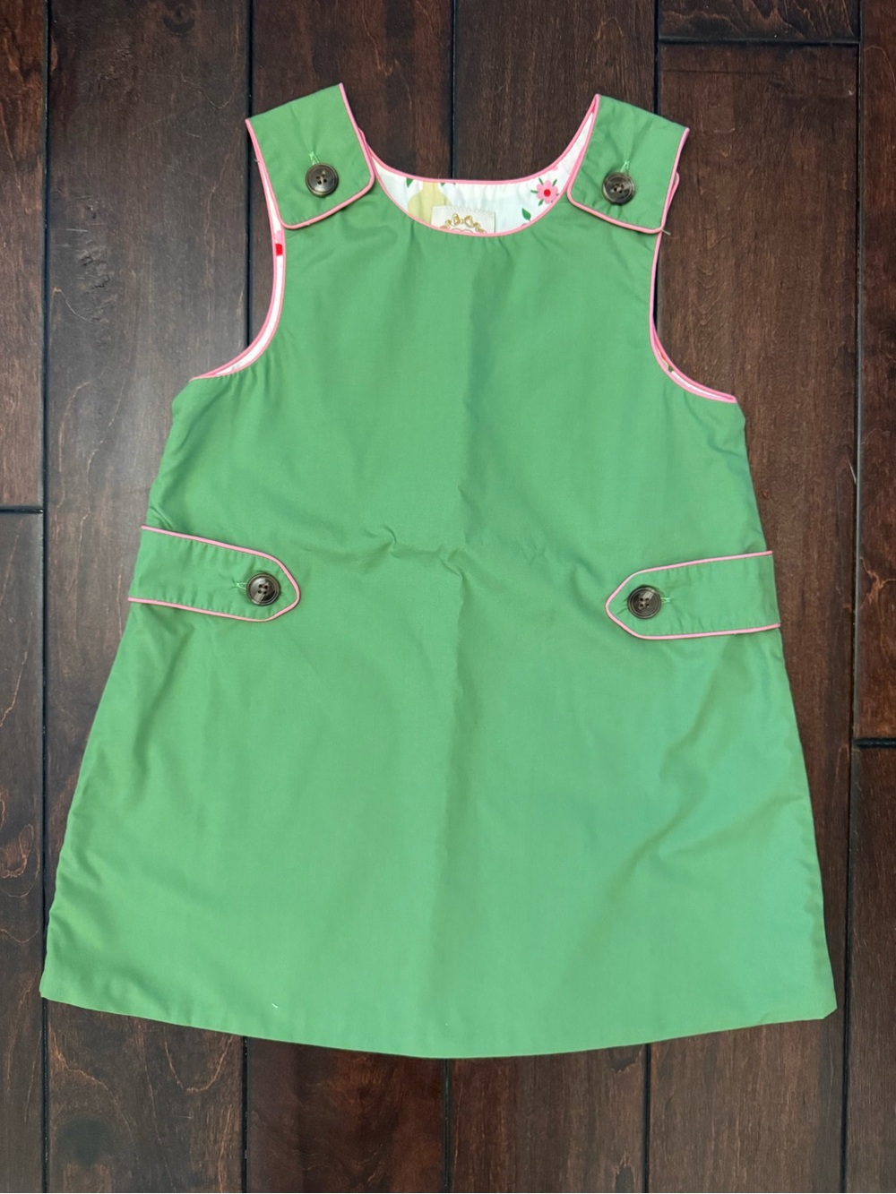 TBBC Girls Green Pinafore Dress with Pink Trim